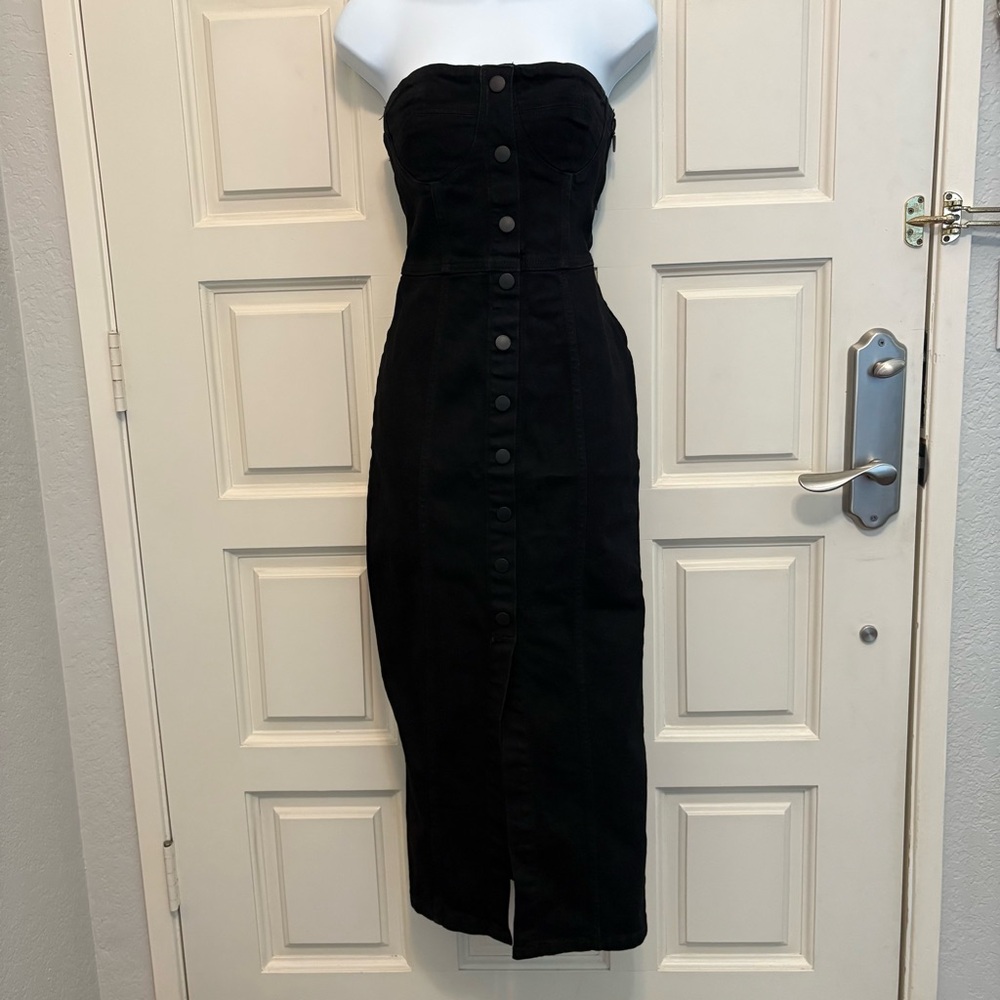 Zara Strapless Black Faux Snap Front Maxi Dress
